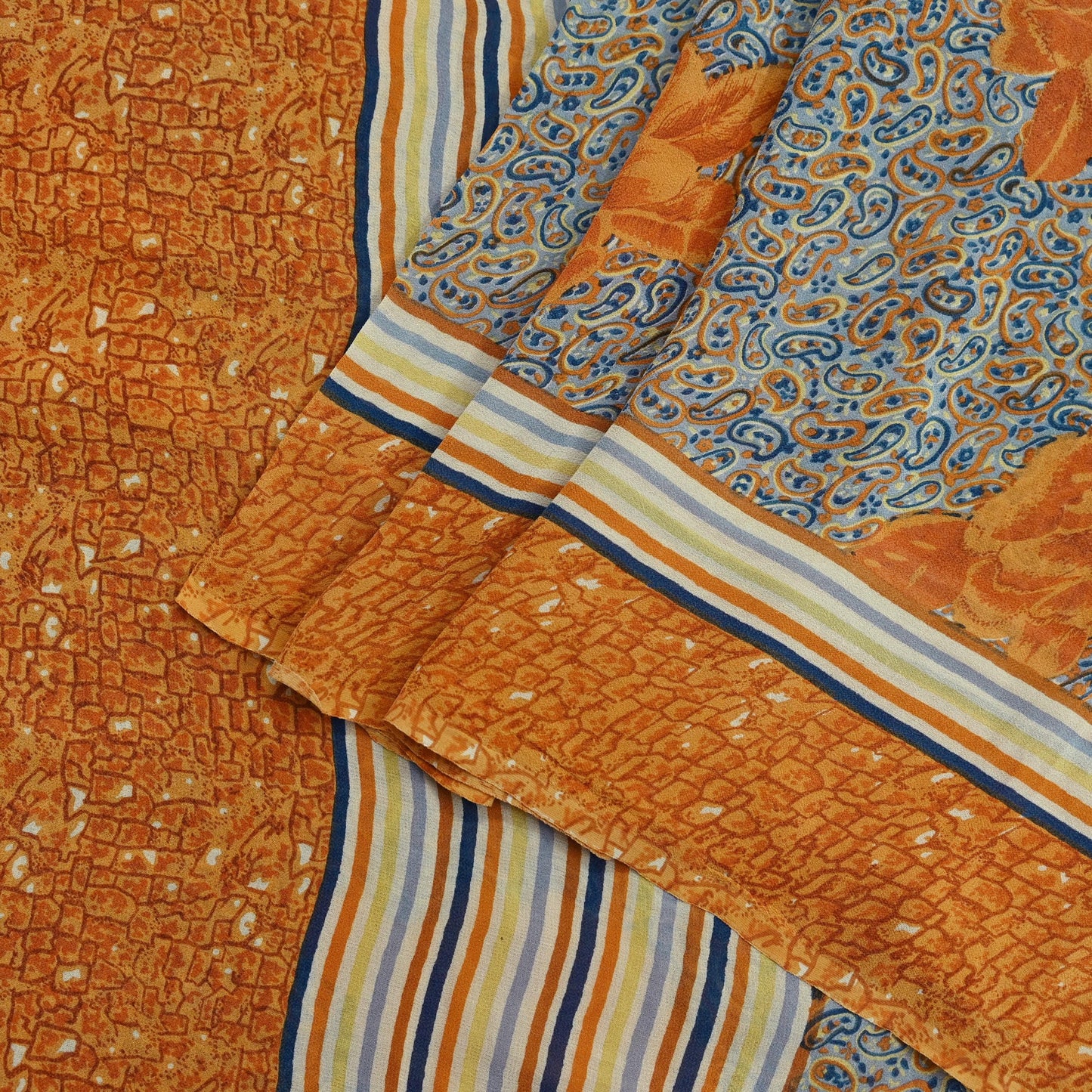 Indian Vintage Sari Saffron & Gray Pure Georgette Silk Printed Sarees Craft Fabric Sewing 5Yard Soft Light Dress Making Abstract