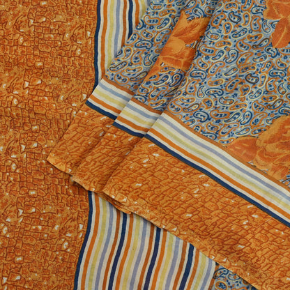 Indian Vintage Sari Saffron & Gray Pure Georgette Silk Printed Sarees Craft Fabric Sewing 5Yard Soft Light Dress Making Abstract
