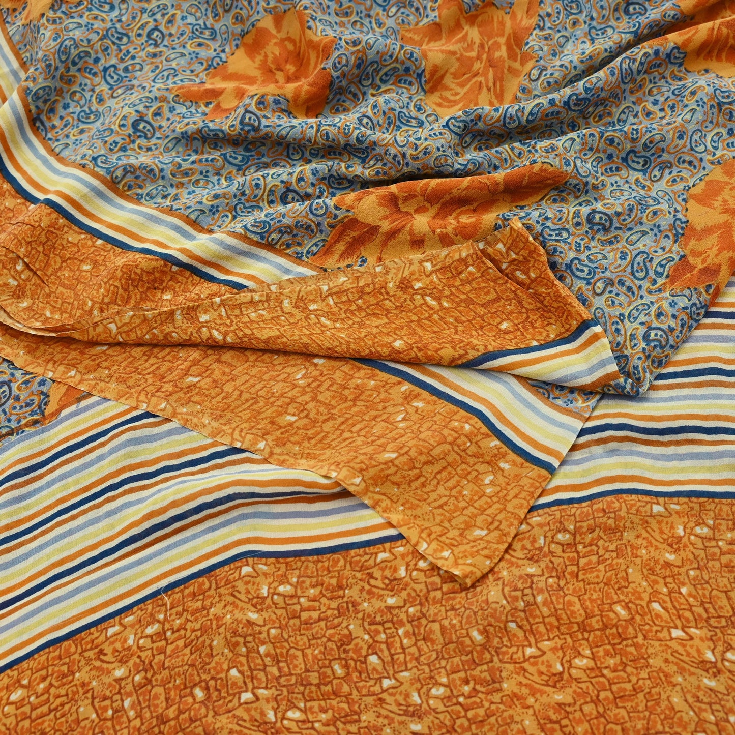 Indian Vintage Sari Saffron & Gray Pure Georgette Silk Printed Sarees Craft Fabric Sewing 5Yard Soft Light Dress Making Abstract