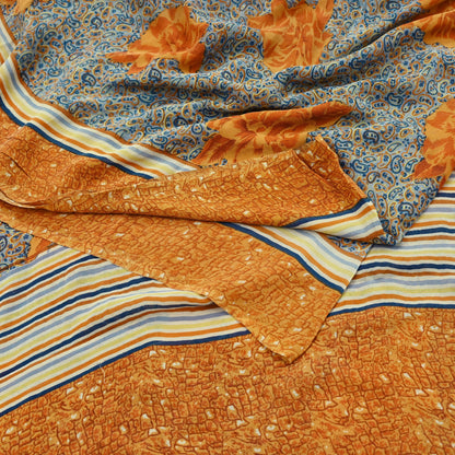 Indian Vintage Sari Saffron & Gray Pure Georgette Silk Printed Sarees Craft Fabric Sewing 5Yard Soft Light Dress Making Abstract