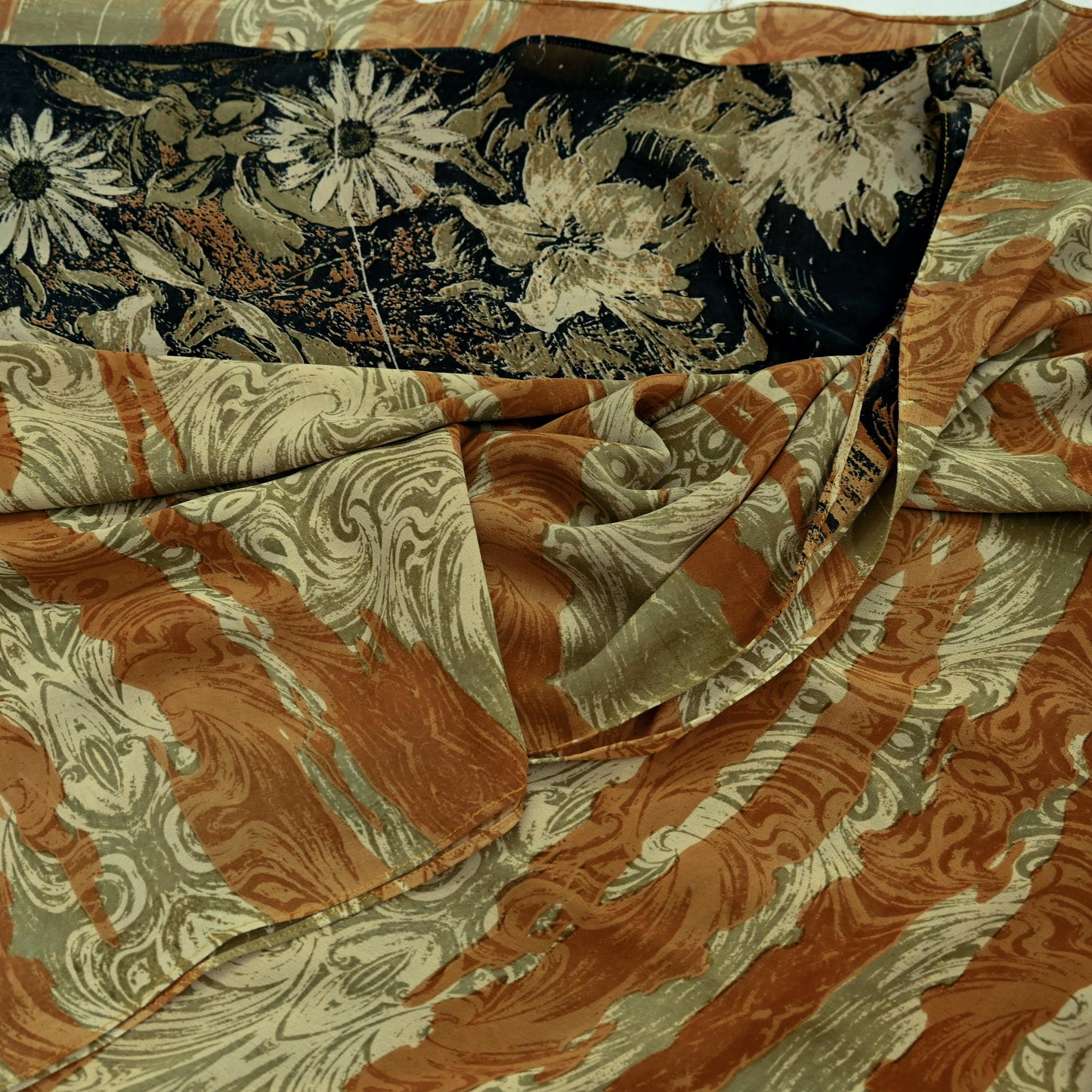 Indian Vintage Sari Beige & Black Pure Georgette Silk Printed Sarees Craft Fabric Sewing 5Yd Soft Dress Making Crafting Quilting Upcycle