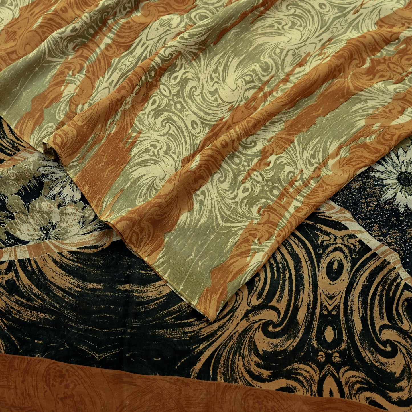 Indian Vintage Sari Beige & Black Pure Georgette Silk Printed Sarees Craft Fabric Sewing 5Yd Soft Dress Making Crafting Quilting Upcycle