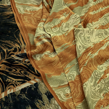 Indian Vintage Sari Beige & Black Pure Georgette Silk Printed Sarees Craft Fabric Sewing 5Yd Soft Dress Making Crafting Quilting Upcycle