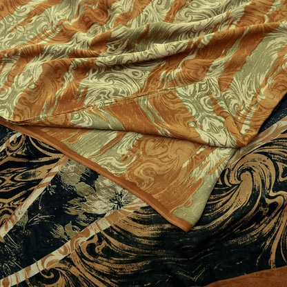 Indian Vintage Sari Beige & Black Pure Georgette Silk Printed Sarees Craft Fabric Sewing 5Yd Soft Dress Making Crafting Quilting Upcycle