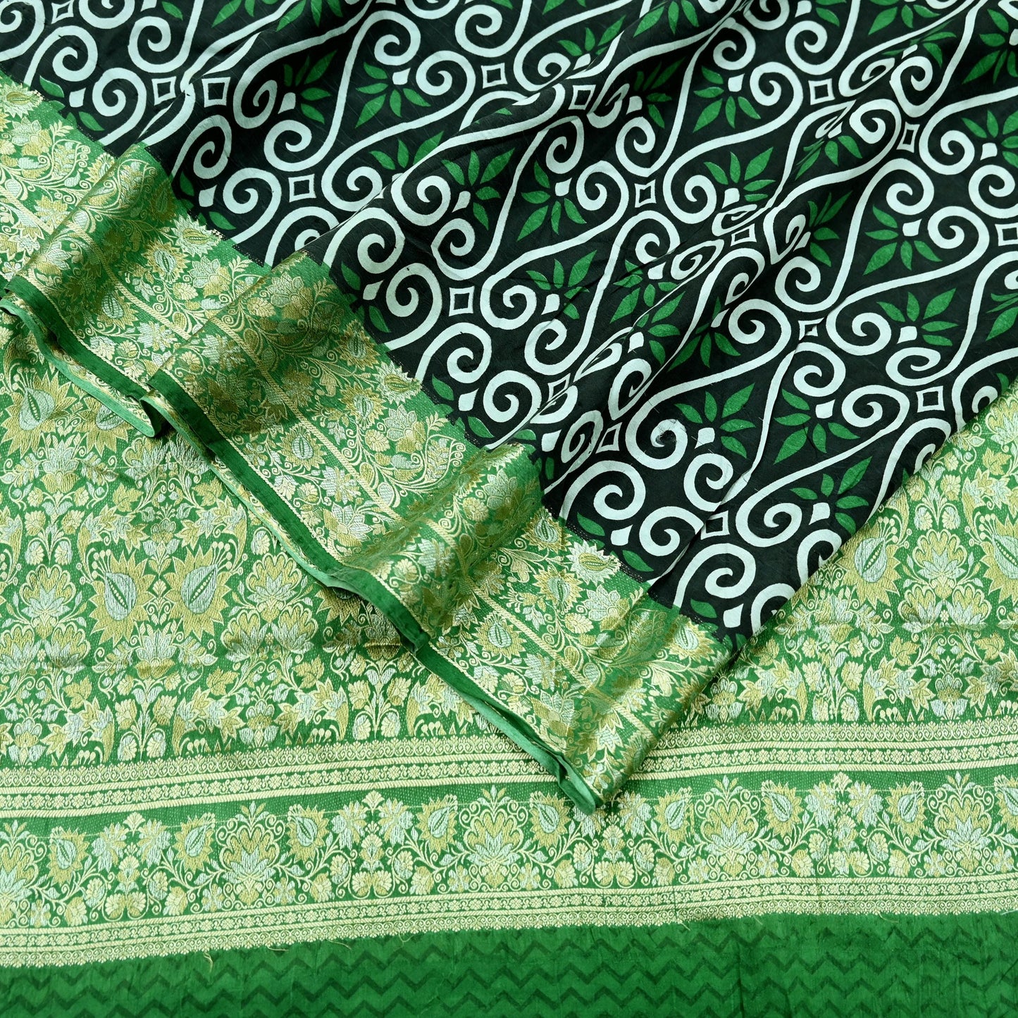 Indian Vintage White & Green Saree 100% Pure Silk Woven Printed Sari Craft Fabric  Sewing Soft Dress Designing for Crafting Quilting