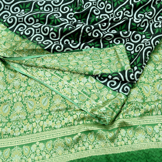 Indian Vintage White & Green Saree 100% Pure Silk Woven Printed Sari Craft Fabric  Sewing Soft Dress Designing for Crafting Quilting