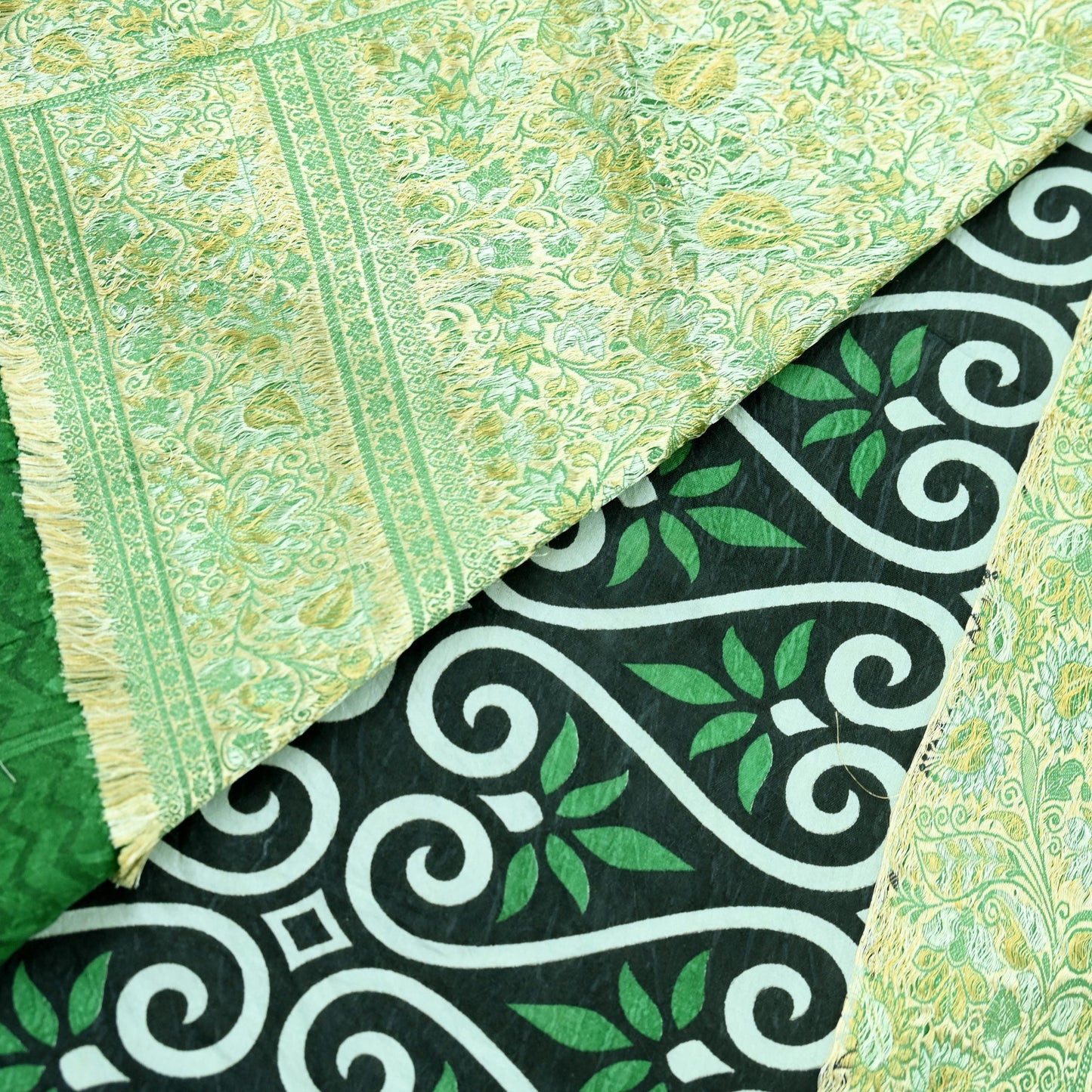 Indian Vintage White & Green Saree 100% Pure Silk Woven Printed Sari Craft Fabric  Sewing Soft Dress Designing for Crafting Quilting