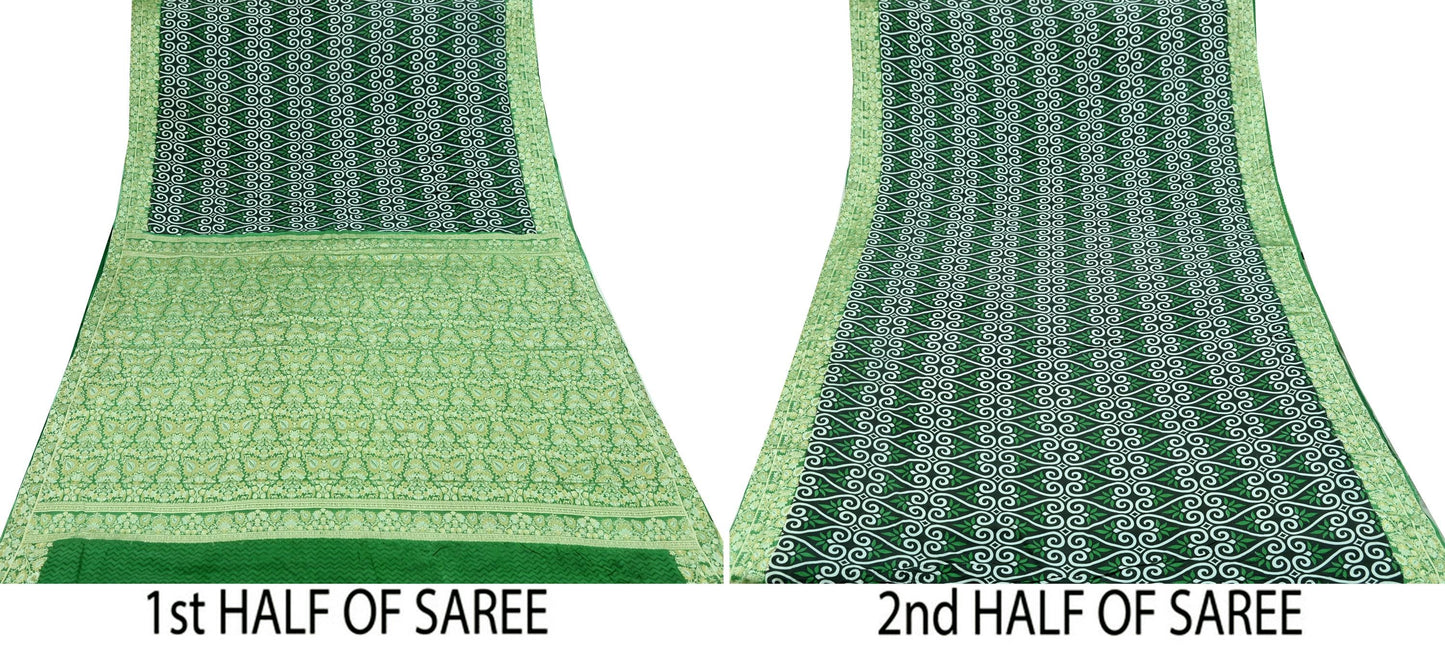 Indian Vintage White & Green Saree 100% Pure Silk Woven Printed Sari Craft Fabric  Sewing Soft Dress Designing for Crafting Quilting
