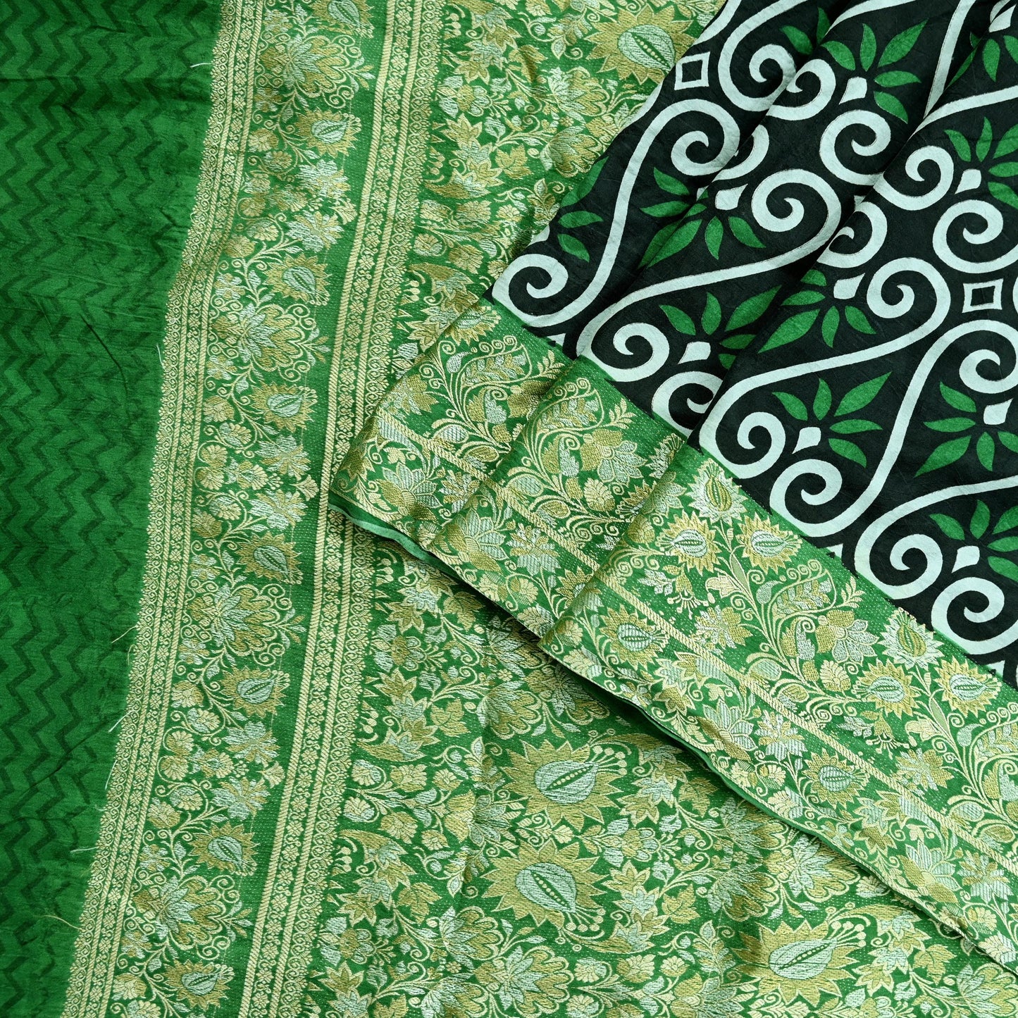 Indian Vintage White & Green Saree 100% Pure Silk Woven Printed Sari Craft Fabric  Sewing Soft Dress Designing for Crafting Quilting