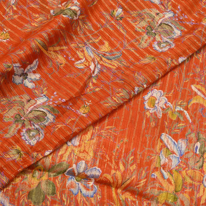 Indian Vintage Sari Orange 100% Pure Silk Printed Sarees 6yd Sewing Craft Fabric Zari Dress Making Soft Wrap Quilting Used Crafting Upcycle