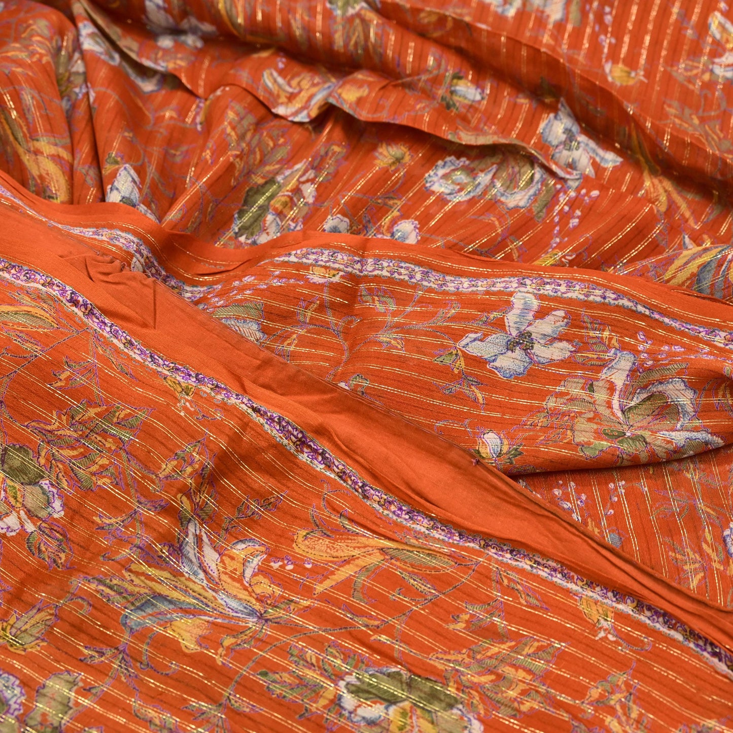 Indian Vintage Sari Orange 100% Pure Silk Printed Sarees 6yd Sewing Craft Fabric Zari Dress Making Soft Wrap Quilting Used Crafting Upcycle