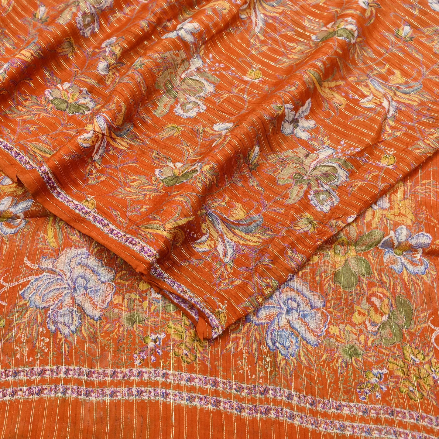 Indian Vintage Sari Orange 100% Pure Silk Printed Sarees 6yd Sewing Craft Fabric Zari Dress Making Soft Wrap Quilting Used Crafting Upcycle
