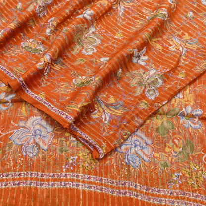 Indian Vintage Sari Orange 100% Pure Silk Printed Sarees 6yd Sewing Craft Fabric Zari Dress Making Soft Wrap Quilting Used Crafting Upcycle
