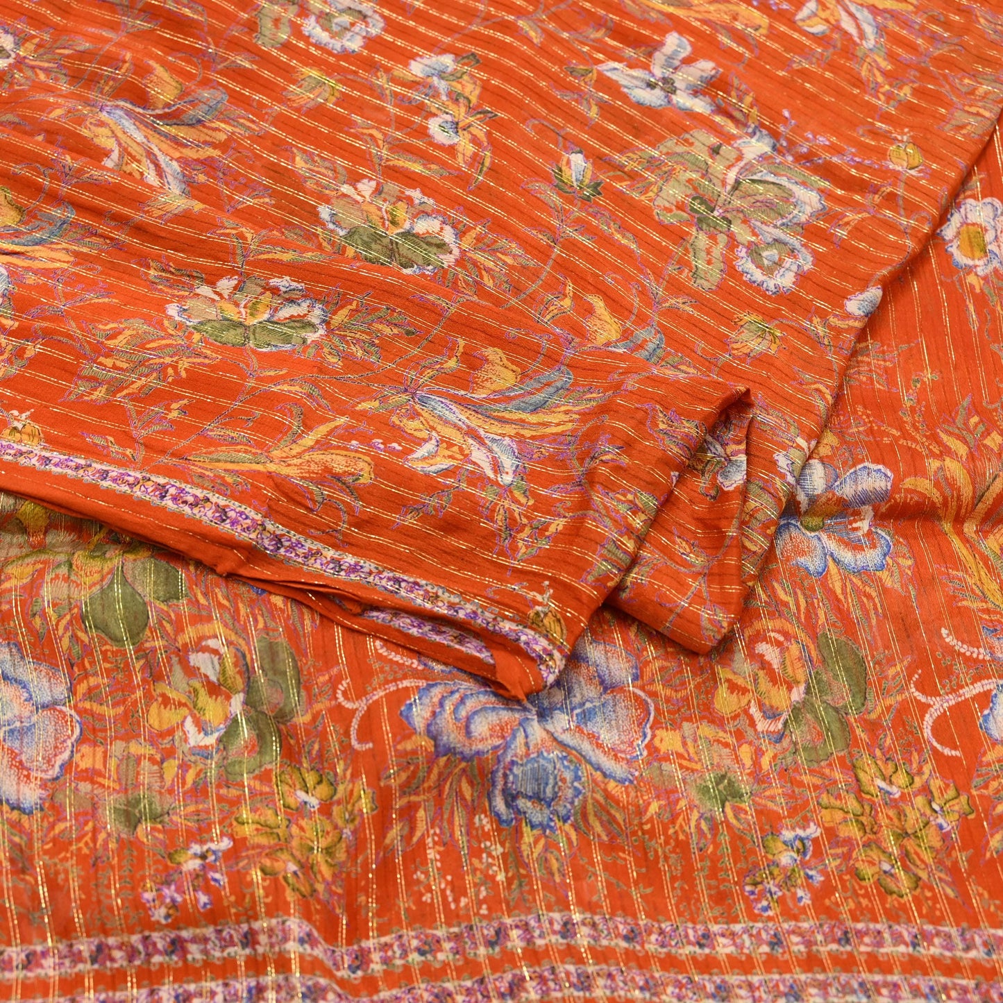 Indian Vintage Sari Orange 100% Pure Silk Printed Sarees 6yd Sewing Craft Fabric Zari Dress Making Soft Wrap Quilting Used Crafting Upcycle