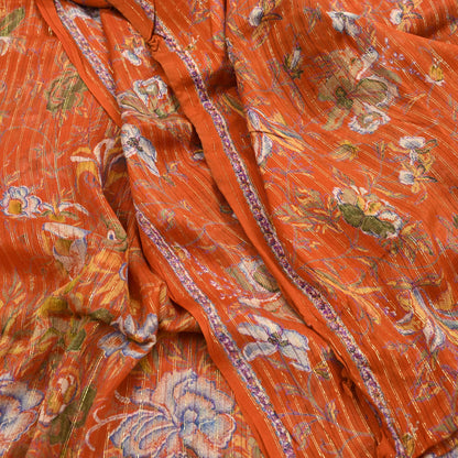 Indian Vintage Sari Orange 100% Pure Silk Printed Sarees 6yd Sewing Craft Fabric Zari Dress Making Soft Wrap Quilting Used Crafting Upcycle
