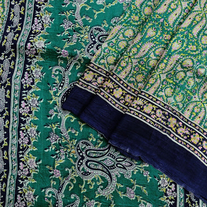 Indian Vintage Sari Green & Blue 100% Pure Silk Printed Sarees 5yd Sewing Craft Fabric Dress Making Soft Wrap Crafting Quilting Upcycle