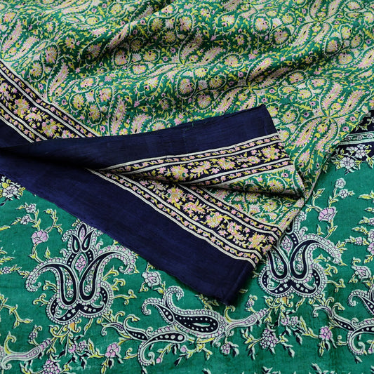 Indian Vintage Sari Green & Blue 100% Pure Silk Printed Sarees 5yd Sewing Craft Fabric Dress Making Soft Wrap Crafting Quilting Upcycle