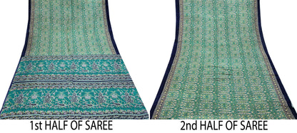 Indian Vintage Sari Green & Blue 100% Pure Silk Printed Sarees 5yd Sewing Craft Fabric Dress Making Soft Wrap Crafting Quilting Upcycle