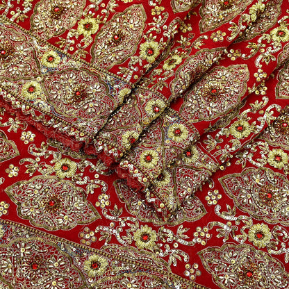 Indian Vintage Heavy Red Dupatta Pure Georgette Silk Long Stole Hand Embroidered Scarf Zardozi/Dabka Bridal/Wedding Veil Hijab
