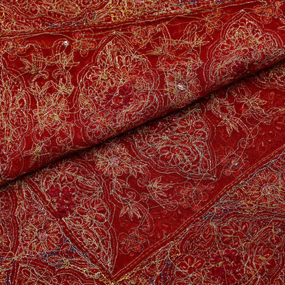 Indian Vintage Heavy Red Dupatta Pure Georgette Silk Long Stole Hand Embroidered Scarf Zardozi/Dabka Bridal/Wedding Veil Hijab