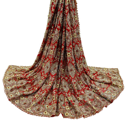 Indian Vintage Heavy Red Dupatta Pure Georgette Silk Long Stole Hand Embroidered Scarf Zardozi/Dabka Bridal/Wedding Veil Hijab