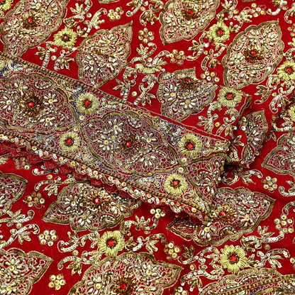 Indian Vintage Heavy Red Dupatta Pure Georgette Silk Long Stole Hand Embroidered Scarf Zardozi/Dabka Bridal/Wedding Veil Hijab
