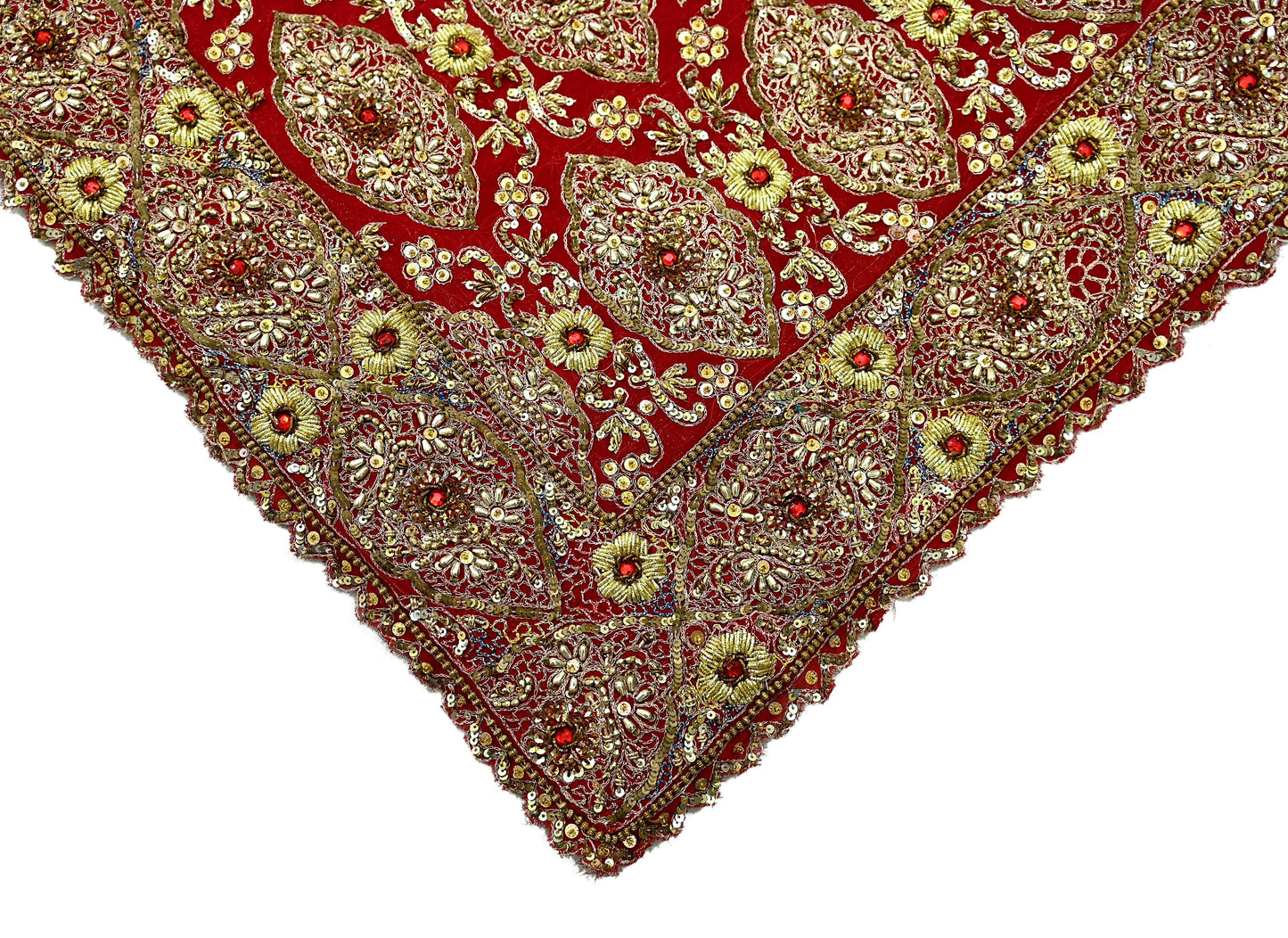 Indian Vintage Heavy Red Dupatta Pure Georgette Silk Long Stole Hand Embroidered Scarf Zardozi/Dabka Bridal/Wedding Veil Hijab