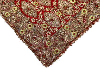 Indian Vintage Heavy Red Dupatta Pure Georgette Silk Long Stole Hand Embroidered Scarf Zardozi/Dabka Bridal/Wedding Veil Hijab