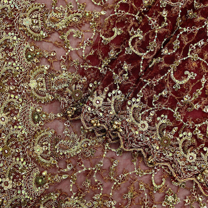 Indian Vintage Heavy Wedding Maroon Dupatta Net Mesh Long Stole Hand Embroidered Scarves Golden Zardozi Zari Sequins Dridal Veil Hijab