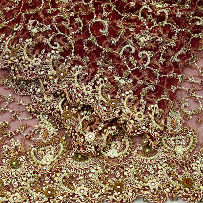 Indian Vintage Heavy Wedding Maroon Dupatta Net Mesh Long Stole Hand Embroidered Scarves Golden Zardozi Zari Sequins Dridal Veil Hijab