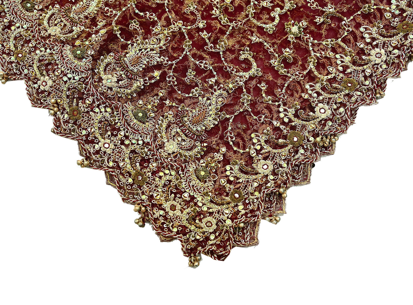 Indian Vintage Heavy Wedding Maroon Dupatta Net Mesh Long Stole Hand Embroidered Scarves Golden Zardozi Zari Sequins Dridal Veil Hijab
