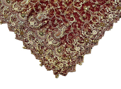 Indian Vintage Heavy Wedding Maroon Dupatta Net Mesh Long Stole Hand Embroidered Scarves Golden Zardozi Zari Sequins Dridal Veil Hijab