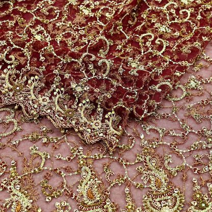 Indian Vintage Heavy Wedding Maroon Dupatta Net Mesh Long Stole Hand Embroidered Scarves Golden Zardozi Zari Sequins Dridal Veil Hijab