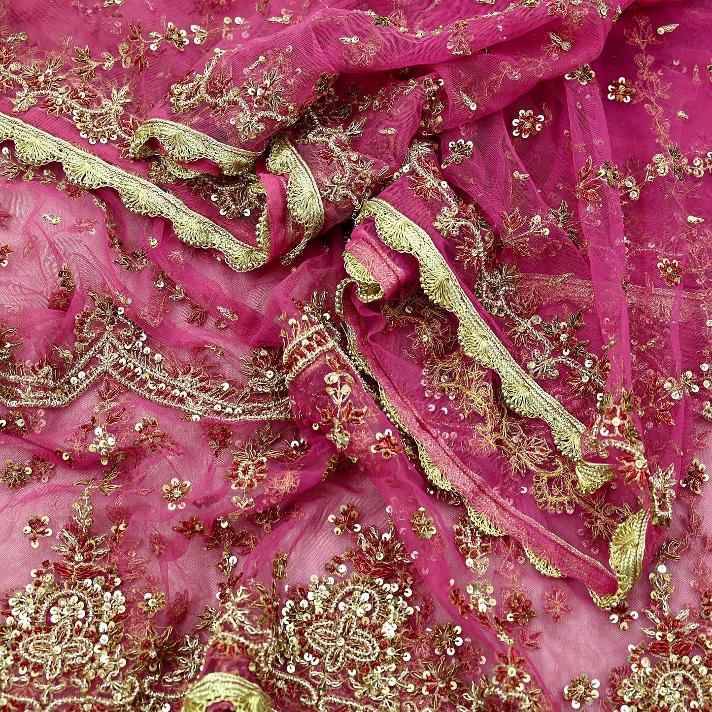 Indian Vintage Pink Dupatta Net Mesh Long Stole Hand Embroidered Scarves Golden Zardozi Zari Sequins Wedding/ Bridal Veil Hijab