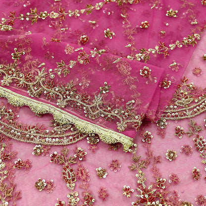 Indian Vintage Pink Dupatta Net Mesh Long Stole Hand Embroidered Scarves Golden Zardozi Zari Sequins Wedding/ Bridal Veil Hijab