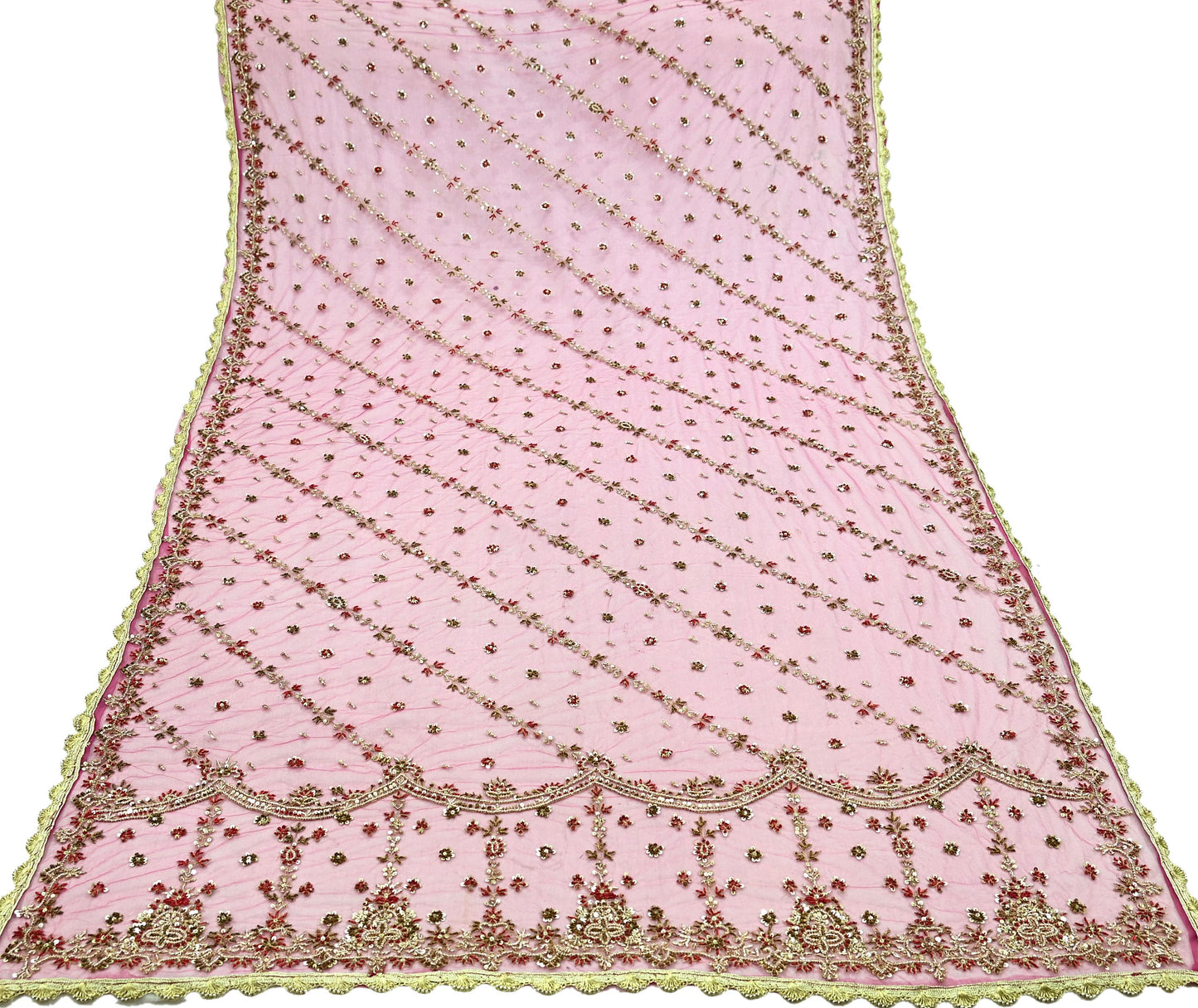 Indian Vintage Pink Dupatta Net Mesh Long Stole Hand Embroidered Scarves Golden Zardozi Zari Sequins Wedding/ Bridal Veil Hijab