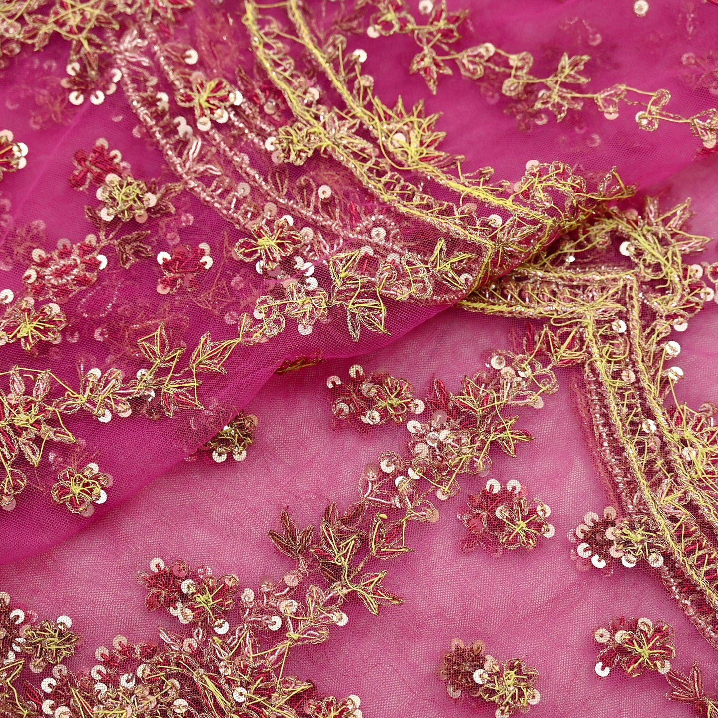 Indian Vintage Pink Dupatta Net Mesh Long Stole Hand Embroidered Scarves Golden Zardozi Zari Sequins Wedding/ Bridal Veil Hijab