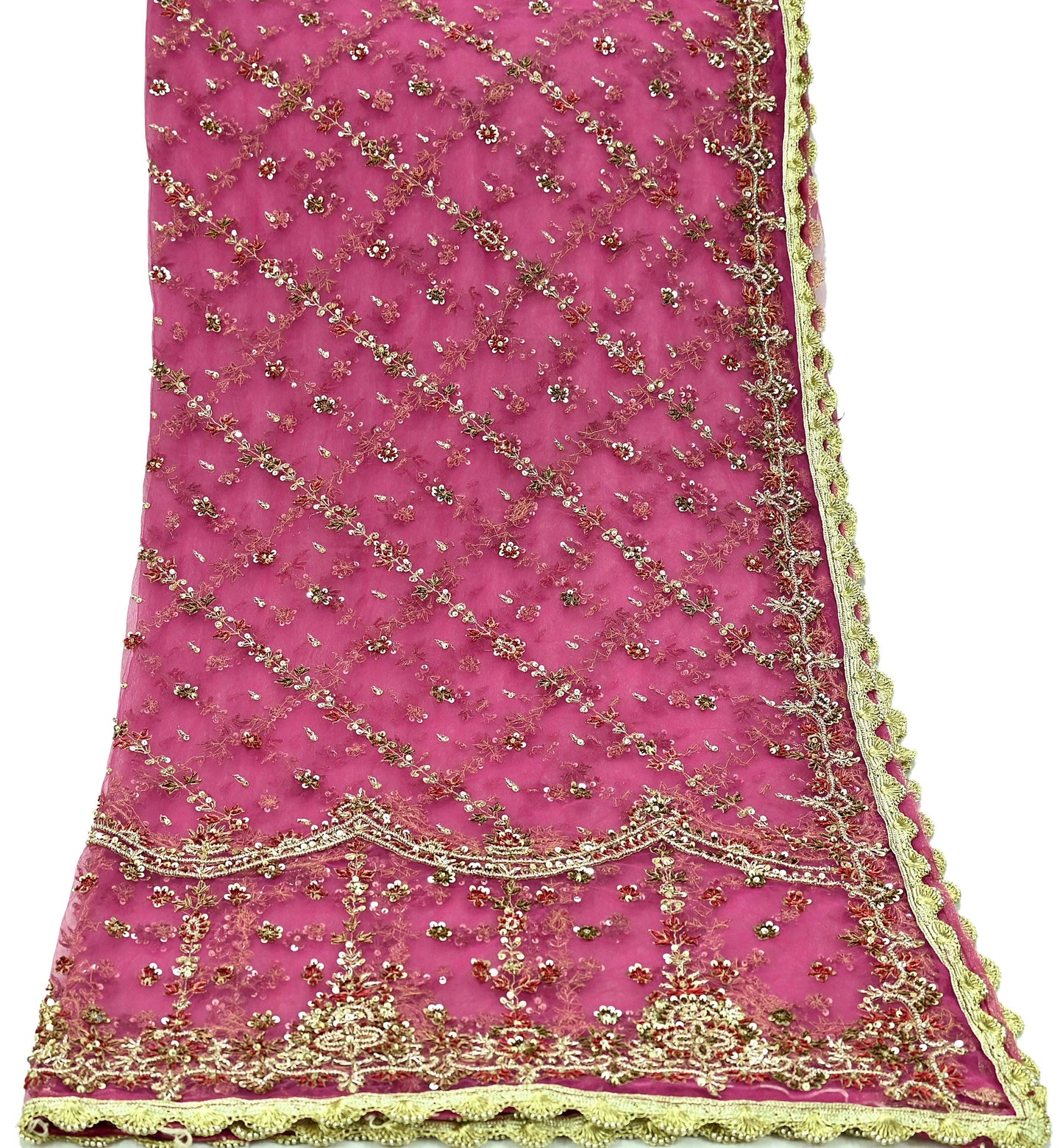 Indian Vintage Pink Dupatta Net Mesh Long Stole Hand Embroidered Scarves Golden Zardozi Zari Sequins Wedding/ Bridal Veil Hijab
