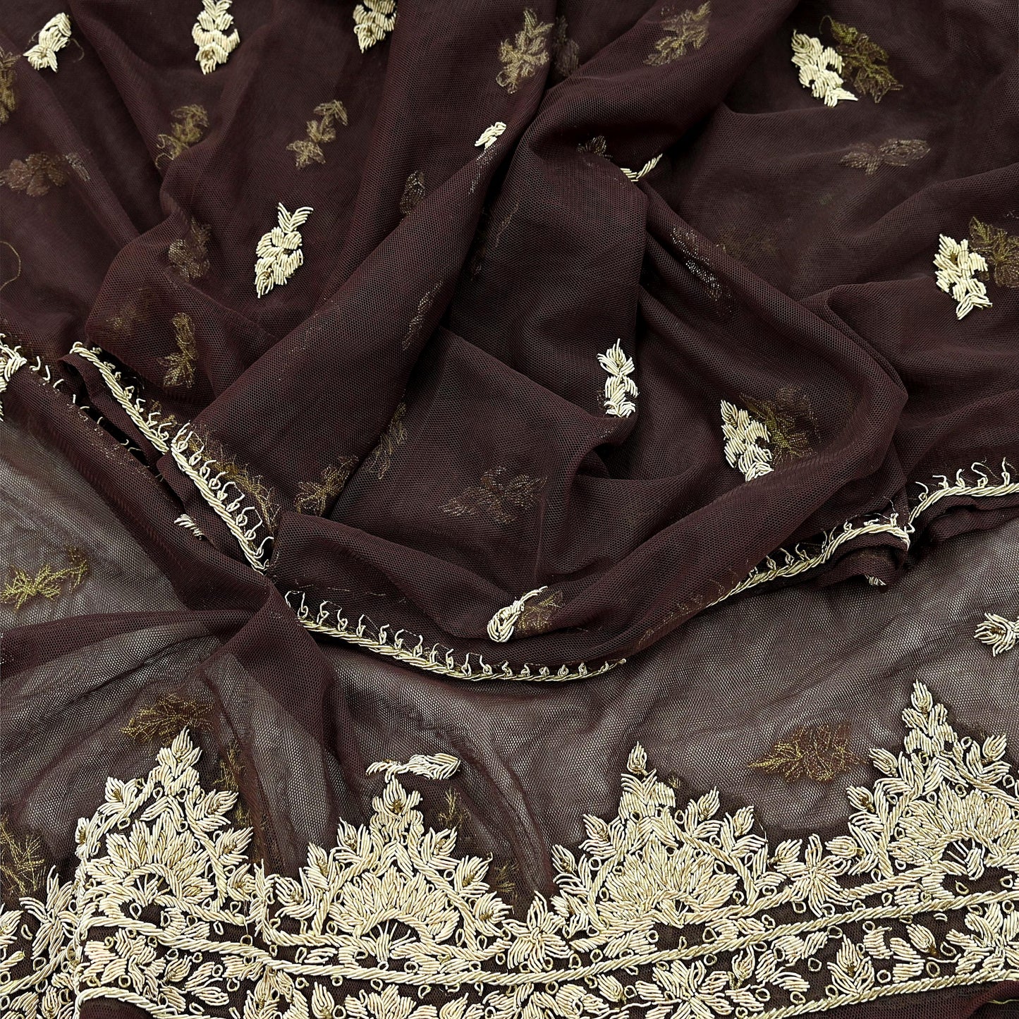 Indian Vintage Brown Dupatta Net Mesh Long Stole Hand Embroidered Scarves Golden Zardozi Zari Sequins Hijab Veil wrap Boho