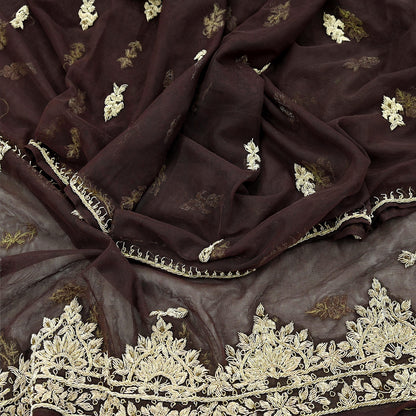 Indian Vintage Brown Dupatta Net Mesh Long Stole Hand Embroidered Scarves Golden Zardozi Zari Sequins Hijab Veil wrap Boho