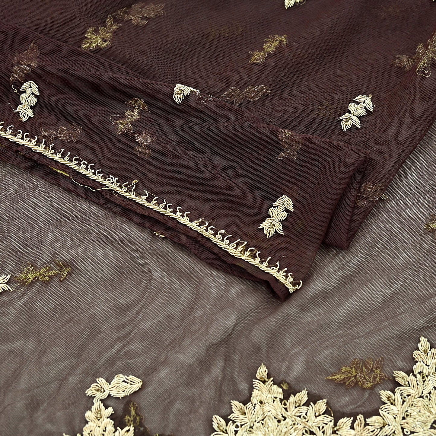 Indian Vintage Brown Dupatta Net Mesh Long Stole Hand Embroidered Scarves Golden Zardozi Zari Sequins Hijab Veil wrap Boho