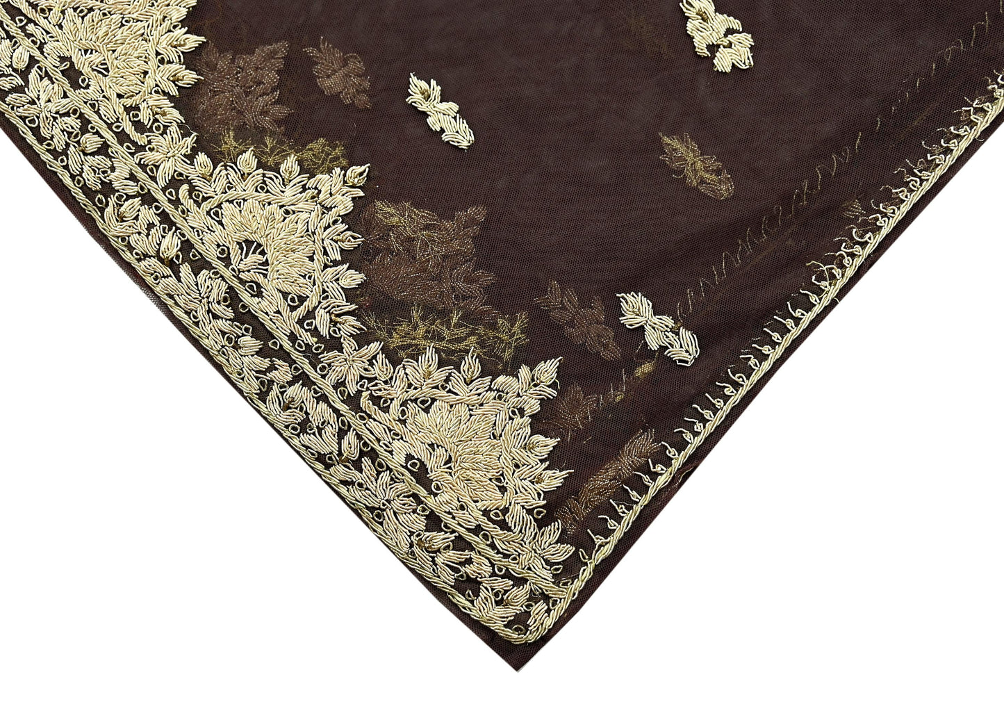 Indian Vintage Brown Dupatta Net Mesh Long Stole Hand Embroidered Scarves Golden Zardozi Zari Sequins Hijab Veil wrap Boho
