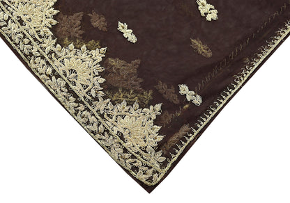 Indian Vintage Brown Dupatta Net Mesh Long Stole Hand Embroidered Scarves Golden Zardozi Zari Sequins Hijab Veil wrap Boho