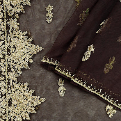 Indian Vintage Brown Dupatta Net Mesh Long Stole Hand Embroidered Scarves Golden Zardozi Zari Sequins Hijab Veil wrap Boho