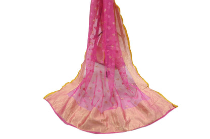 Indian Vintage Pink Dupatta Long Stole Hand Embroidered Jamdani Pure Cotton Scarves Veil Soft Zari