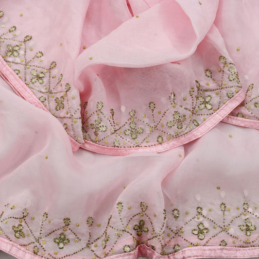 Indian Vintage Pink Dupatta Organza Long Stole Hand Embroidered Scarves Veil Soft Floral Design Wrap Boho Party wear