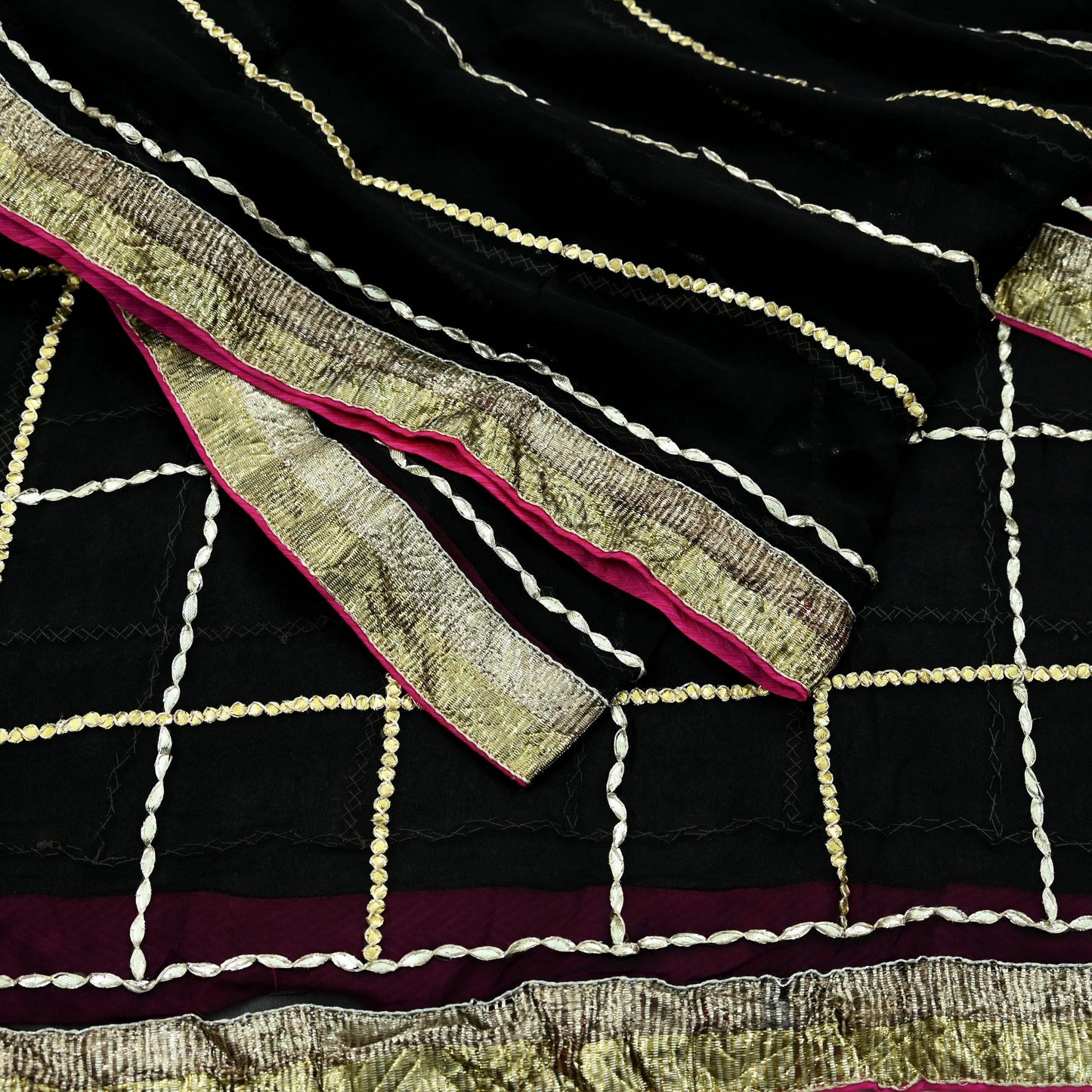 Indian Vintage Black Dupatta Pure Georgette silk Long Stole Hand Embroidered Gota Patti Scarves Stole Veil Wrap Sequins