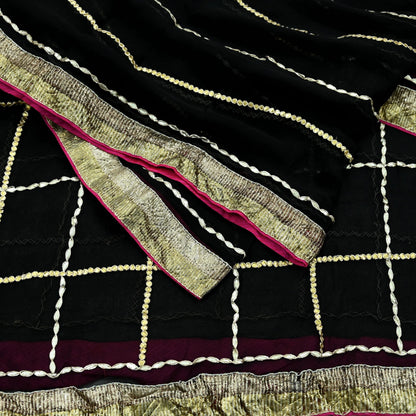 Indian Vintage Black Dupatta Pure Georgette silk Long Stole Hand Embroidered Gota Patti Scarves Stole Veil Wrap Sequins