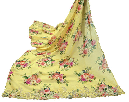 Women Indian Vintage Yellow Dupatta Long Stole Georgette Hand Embroidered Digital Printed Dupatta Veil Scarves soft Boho Wrap Dressmaking