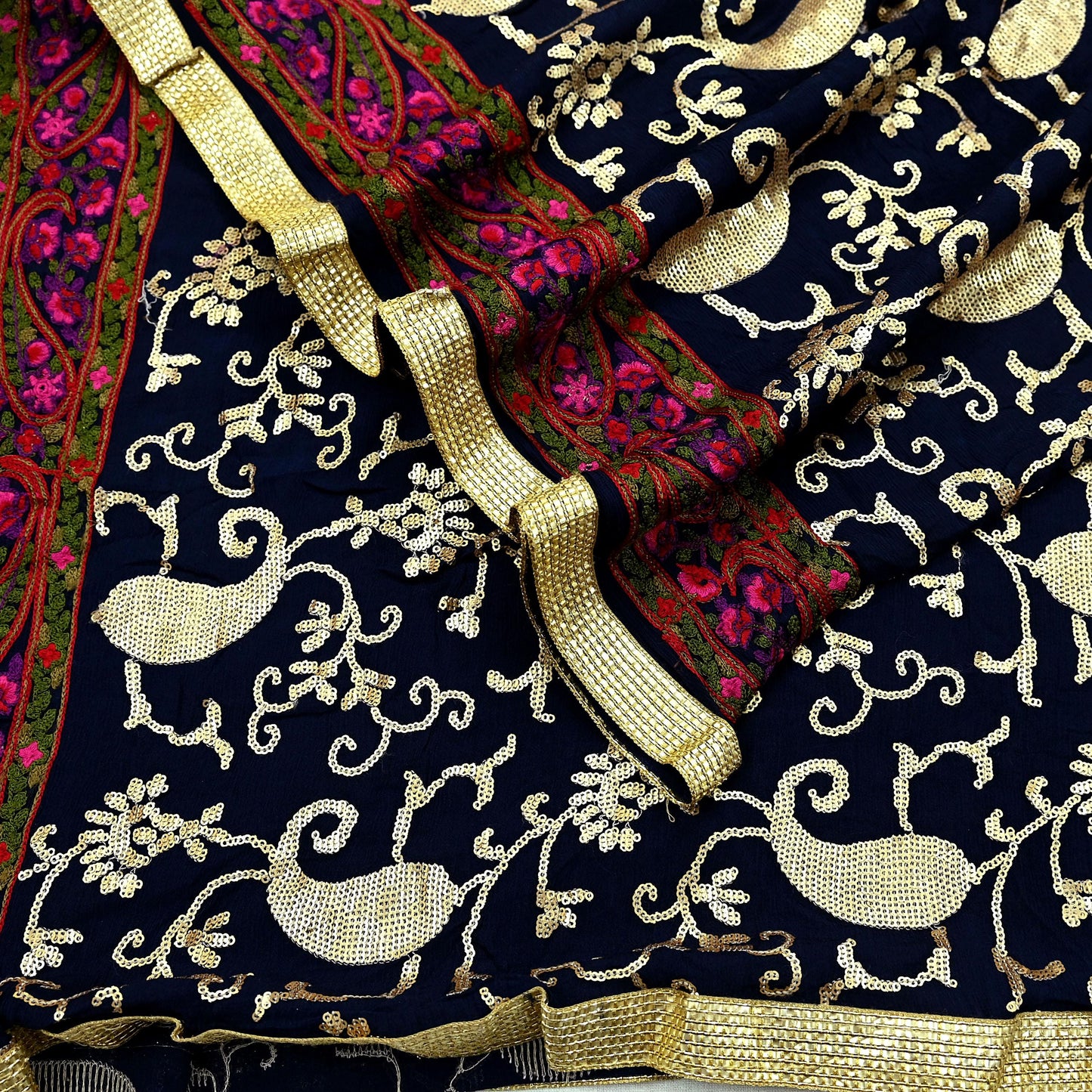 Indian Vintage Blue Dupatta Pure silk Long Stole Hand Embroidered Scarves Floral Design Stole Veil Wrap Sequins